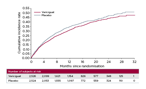 Figure 2: VICTORIA trial primary endpoint: time to cardiovascular death or first heart failure hospitalisation.25