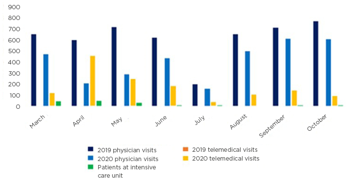 Figure 1 Physical and telemedical visits and number of patients in intensive care unit.