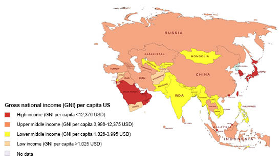 Figure 1 Gross national income per capita in Asian countries according to World Bank.7