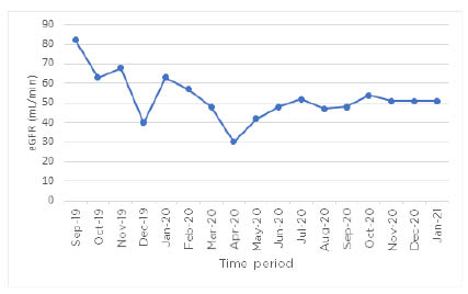 Figure 3 The estimated glomerular filtration rate over time as a guide for the renal function of a patient who had re