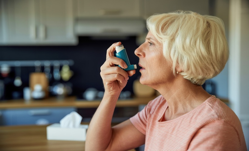 Older adult using an asthma inhaler, illustrating major depressive disorder and asthma outcomes, medication adherence, and asthma control.