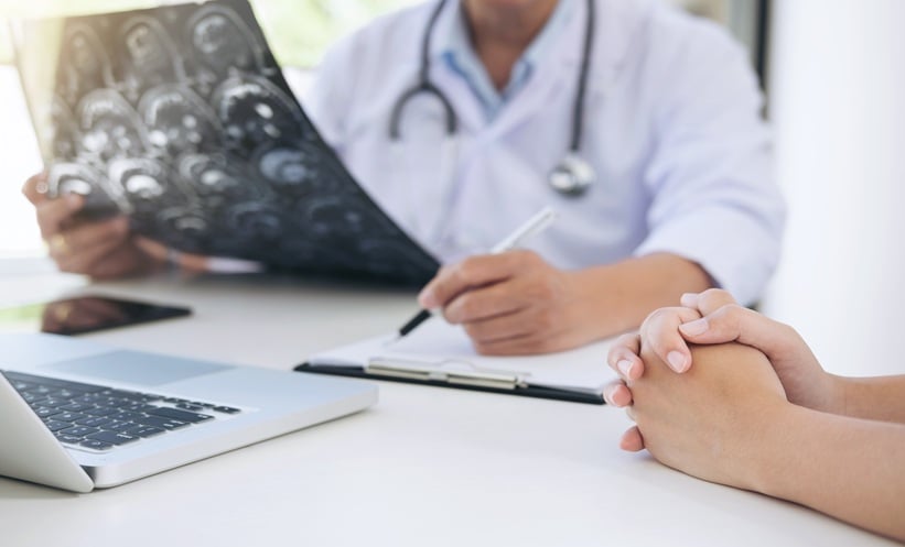 CT perfusion map showing ischaemic penumbra in stroke from internal carotid artery dissection before mechanical thrombectomy