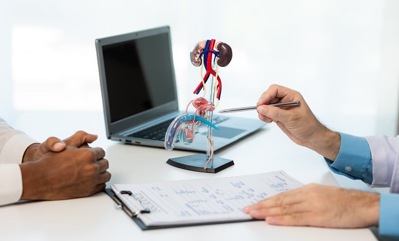 Doctor consults with a male patient and points to an anatomical model while discussing prostate cancer risk stratification and treatment options.