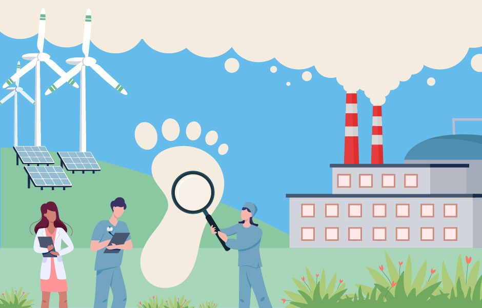 Pharma factory surrounded by wind farms and solar panels