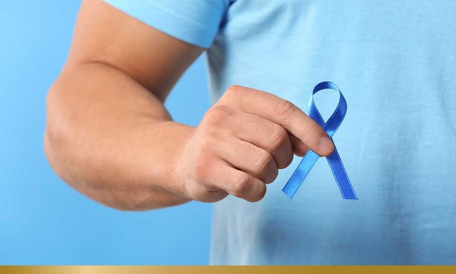Man holiday bowel cancer blue ribbon