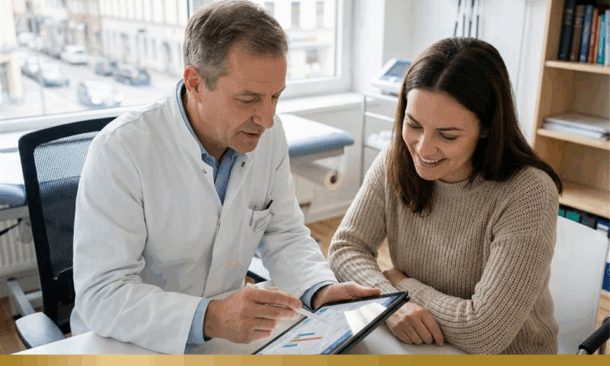 Doctor showing woman information on a tablet
