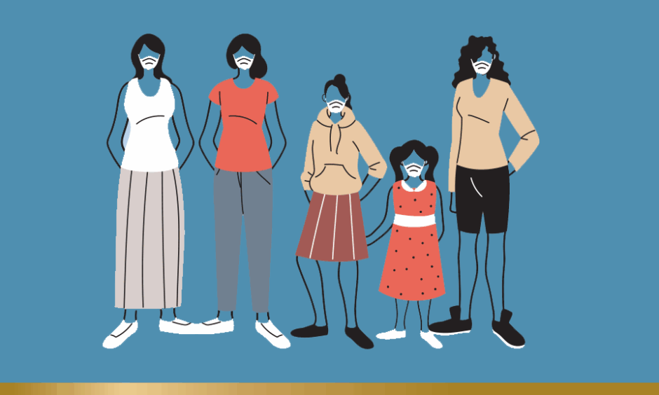 Illustration of a family wearing face masks
