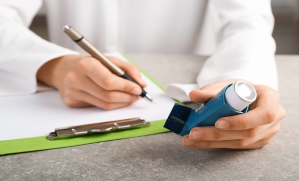 Clinician reviewing asthma biologics options for patient with obesity and uncontrolled asthma