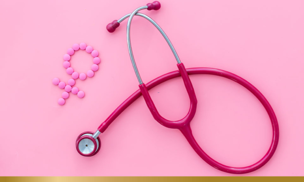 A pink female sign and pink stethoscope on pink background