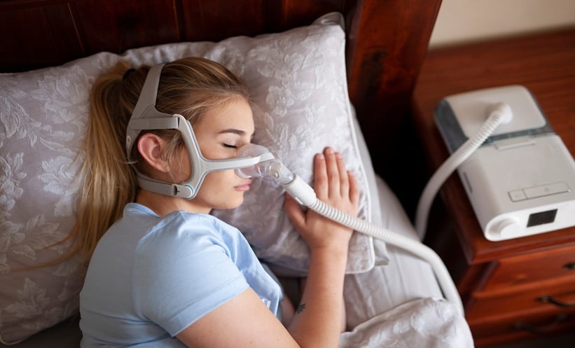 sleeping girl with a cpap hooked on.