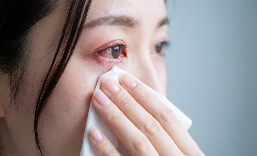 Woman soothing her dry, bloodshot eyes with a white handkerchief.