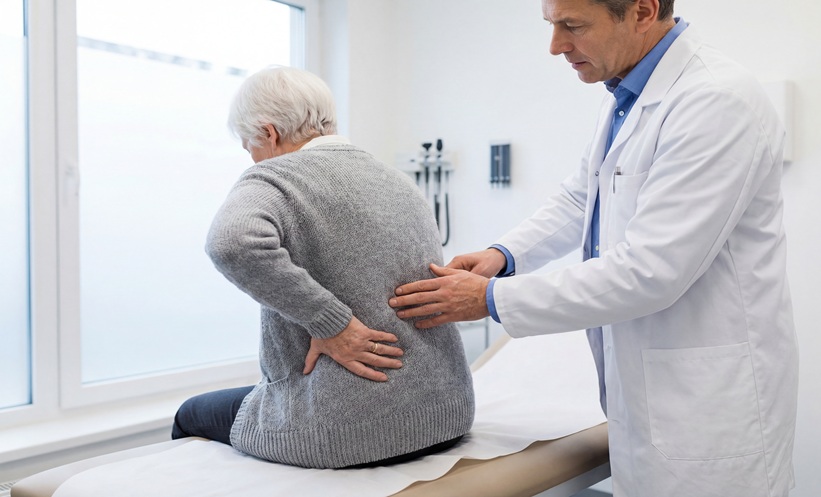 Elderly woman with back pain examined by doctor in medical clinic.