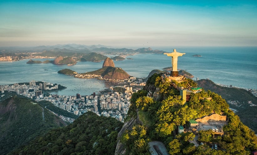 Aerial view of Christ the redeemer and Botafogo Bay from high angle.