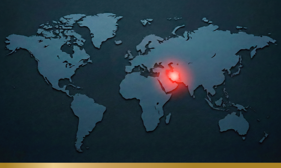 World map with the Middle East highlight with a red glowing dot