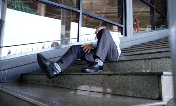 Older adult after a fall on stairs, illustrating mild traumatic brain injury assessment.