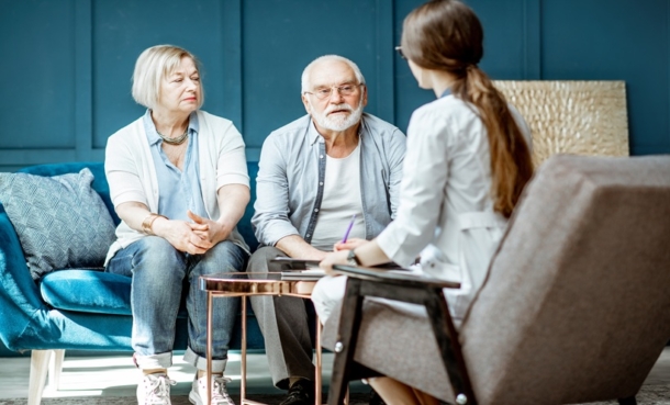 Clinician discussing darolutamide cognitive decline data with a patient with prostate cancer.