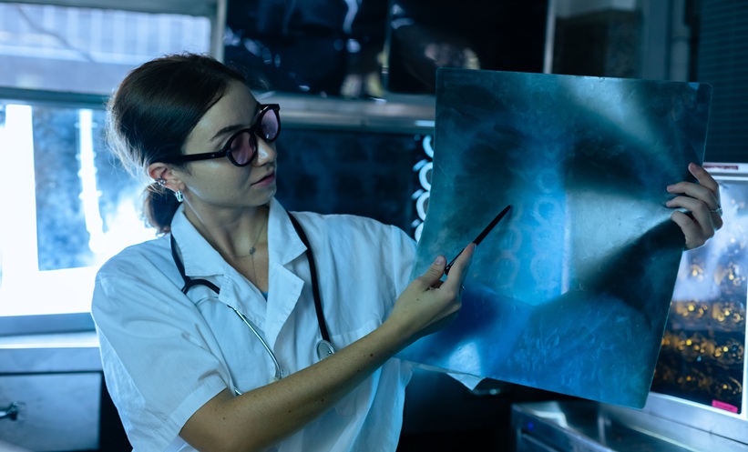 Physician reviewing lung imaging for bronchiectasis and diabetes risk assessment.