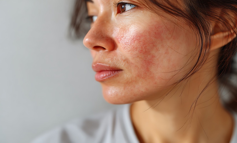 A macro shot of a person's face with a butterfly rash, symbolizing the symptoms of lupus