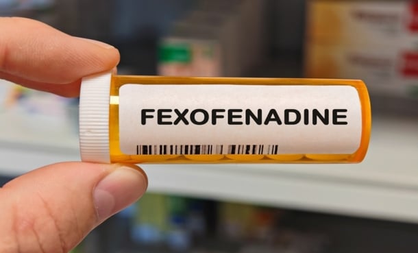 Box of FEXOFENADINE tablets on a hospital pharmacy table used to relieve allergy symptoms an antihistamine.