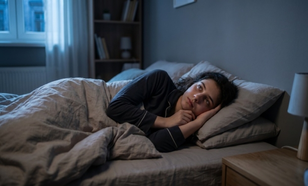 Adolescent girl lying awake in bed at night with insomnia