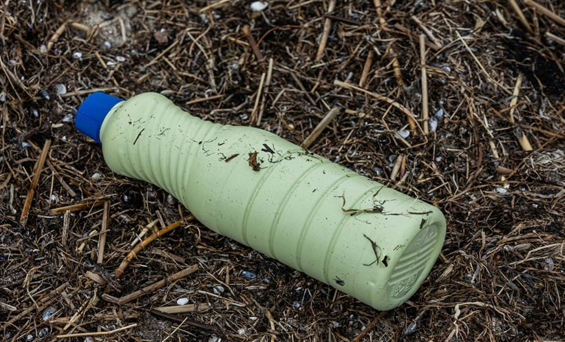 Plastic pollution from bottle on dirt