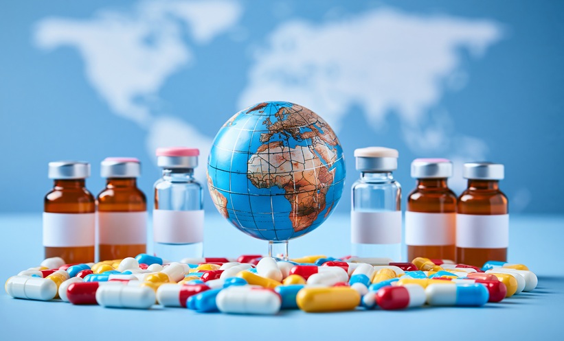 Globe with pills around it