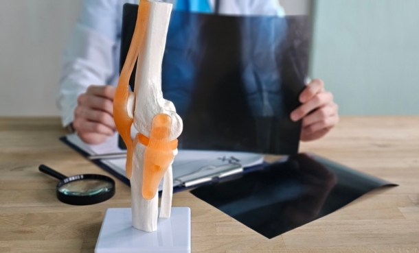 Clinician reviewing a bone X-ray beside an anatomical knee model.