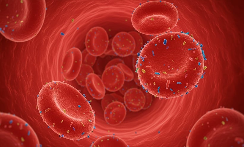 Red blood cells flowing throught the vessels with microplastics attached tot them