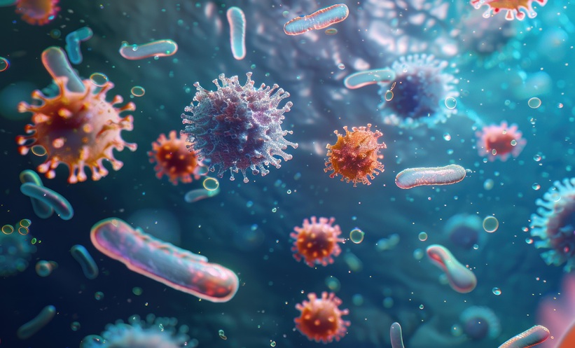 Viruses and bacteria floating around among each other.