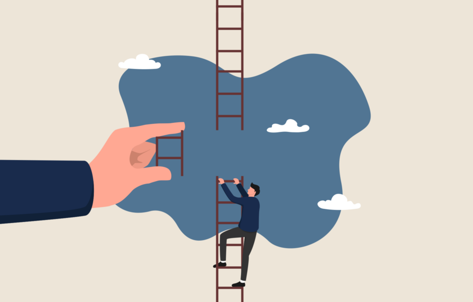 A broken ladder, with a hand holding the missing piece