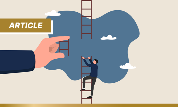 A broken ladder, with a hand holding the missing piece