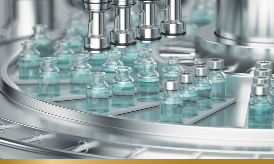 Machine filling vaccine vials in a factory