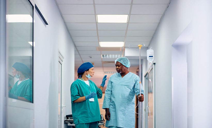 Patient being monitored during recovery after VATS lobectomy and perioperative dexmedetomidine administration.