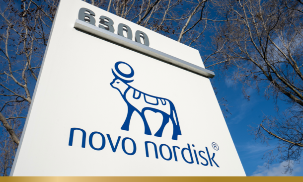 Closeup of the Novo Nordisk sign outside its office in Fremont, California. Novo Nordisk is a Danish multinational pharmaceutical company headquartered in Bagsværd