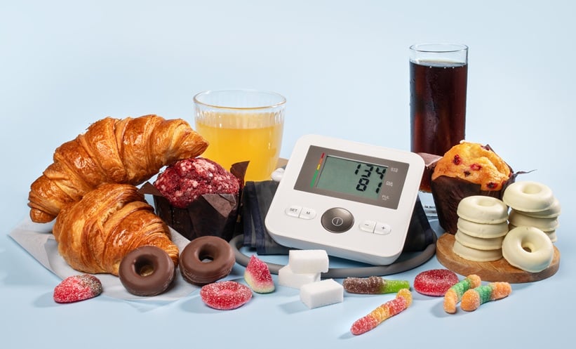 a blodd presure meachine showing a high blood pressure surrounded by ultra processed foods like pastries, chocolate and fizzy drinks.