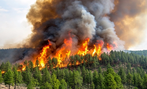 Forest on fire letting out a huge plume of heavy grey smoke int the blue sky above - lung cancer