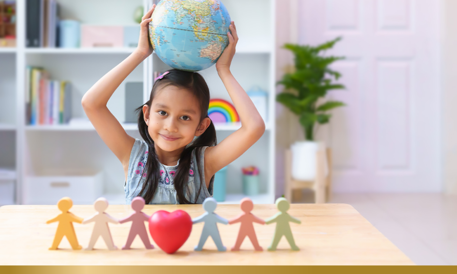 Smiling asian little girl holding globe model behind the people, heart.