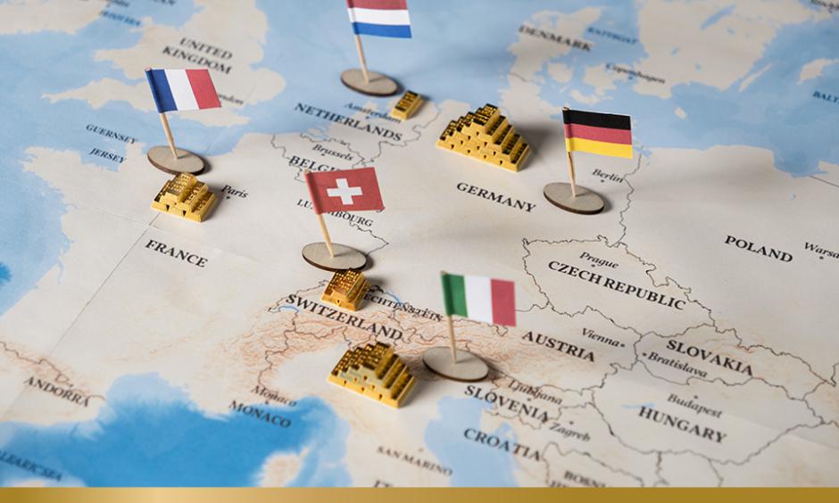 european map with flags and gold bars symbolizing top 5 countries: germany, italy, france, switzerland, netherlands