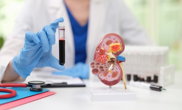 Doctor wearing lab coat and with blue gloves on holds vial of blood next to a model of a kidney