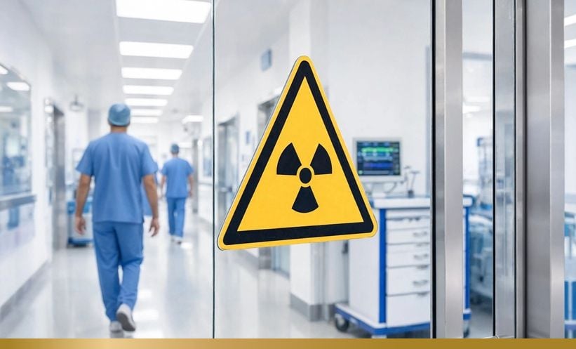 Person walking into a radioation lab