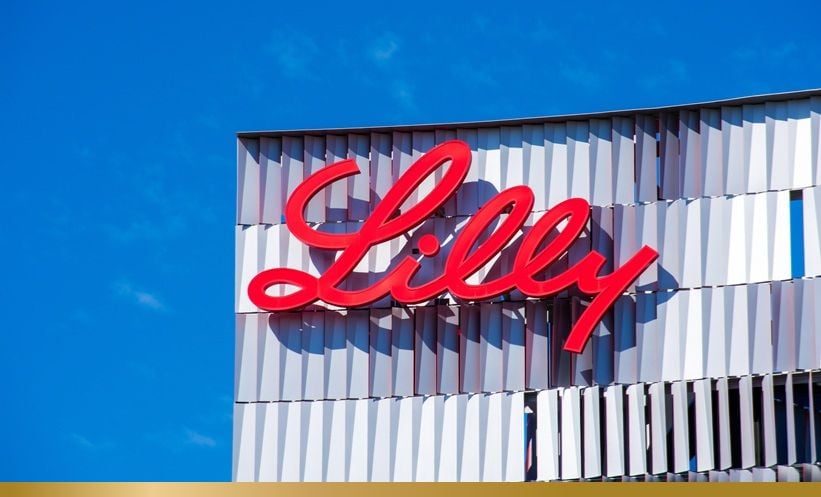 Eli Lilly's logo on the side of their building after they have just had successful trial results for their weight loss drug