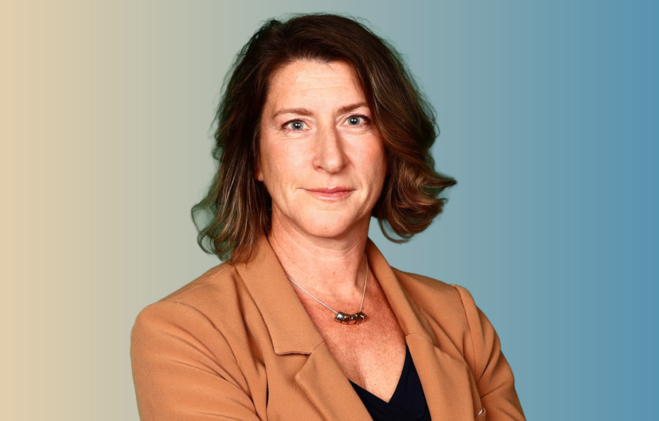 Headshot of Kate Nichol on yellow and blue background