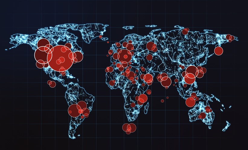 Map showing a global pandeminc or virus spreading across countries