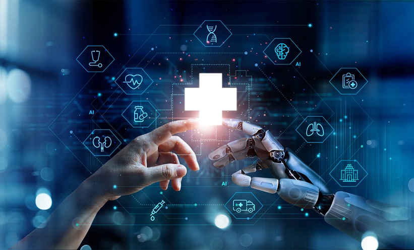 Ai hand touching human hand