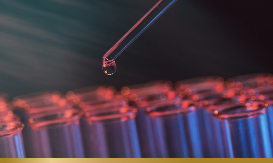 Test tube row. Concept of medical or science laboratory, liquid drop droplet with dropper in blue red tone background, close up, macro photography .