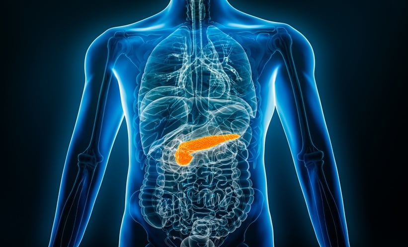 X-ray style graohic of person highlighting pancreas and pancreatic cancer and radiology techniques